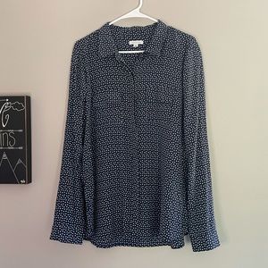 GARNET HILL navy blue polka dot silk button blouse
